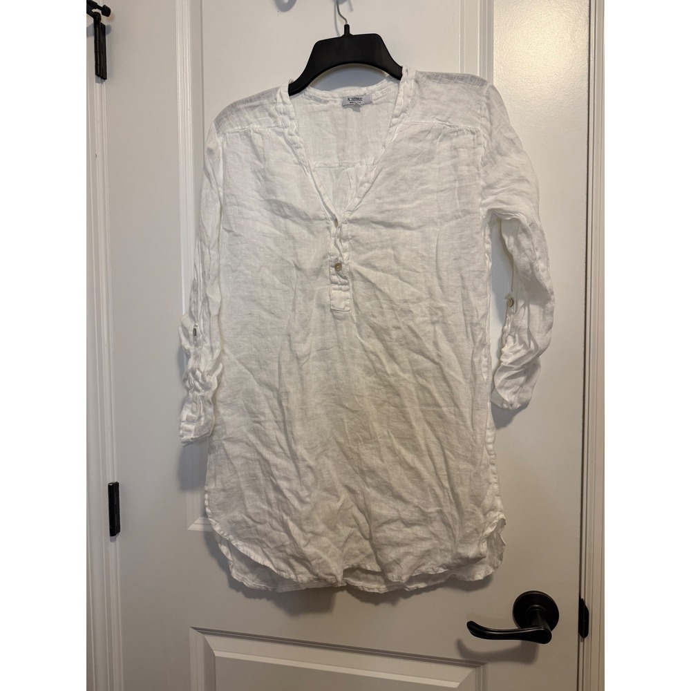 Rosemarine Linen Tunic Women Medium White Excellent Roll Tab‎ Coastal Beachy